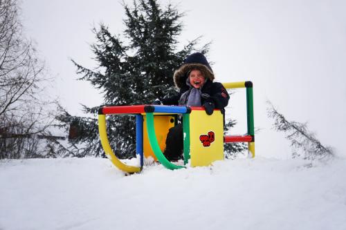 Kind op een slee in de sneeuw