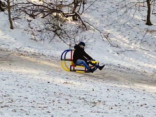 Sleeër op QUADRO slee glijdt een heuvel af